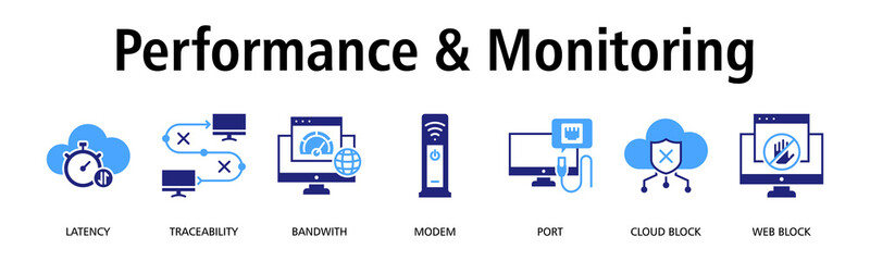 Performance & Monitoring banner web icon vector illustration concept with icon of latency, traceability, bandwidth, modem, port, cloud block, web block
