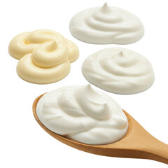 Creamy Yogurt and Mayonnaise Swirls on Wooden Spoon Isolated White Background