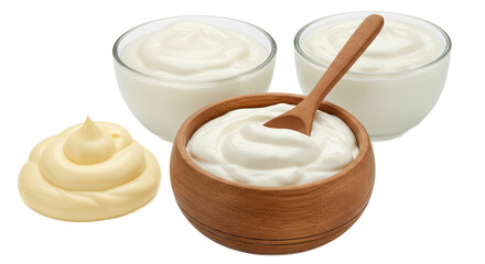 Creamy Yogurt and Mayonnaise with Wooden Spoon Isolated White Background
