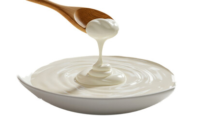 Creamy Yogurt Pouring From Spoon Into White Bowl With Soft Light