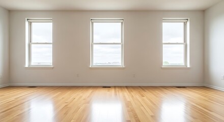 Interior of spacious living room with three windows and hardwood floor in empty house with white walls