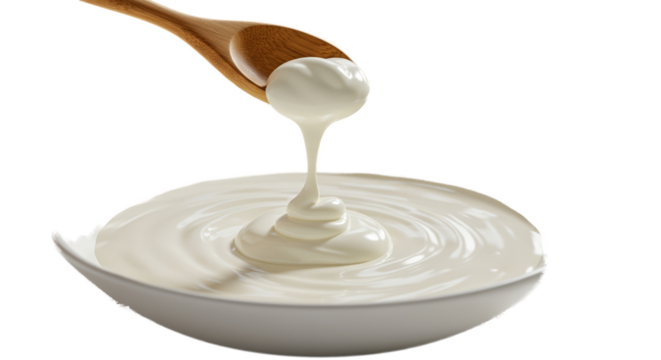 Creamy Yogurt Pouring From Spoon Into White Bowl With Soft Light