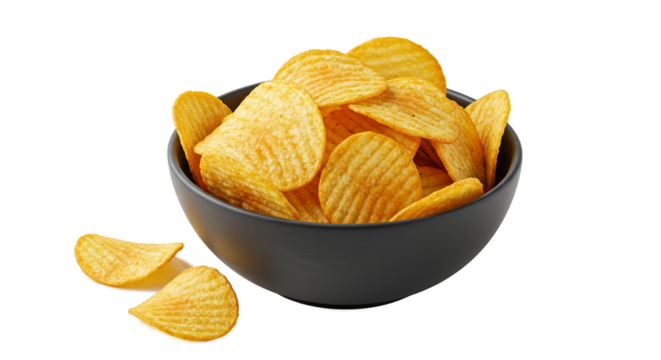 Crispy Rippled Potato Chips In Dark Bowl Golden Yellow Gradient Background