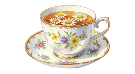 Elegant Chamomile Tea Cup with Flowers Isolated on White Background