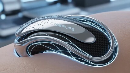 Close Up View of Futuristic Silver Device on Arm Skin with Blue Light Effects in Bright Environment