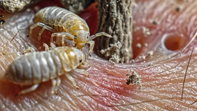 Close-Up of Woodlice on Skin - This macro shot shows two woodlice crawling on human skin, alongside a piece of debris.