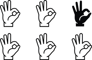 Obraz premium Six OK Hand Gestures: Outline and Solid Icons