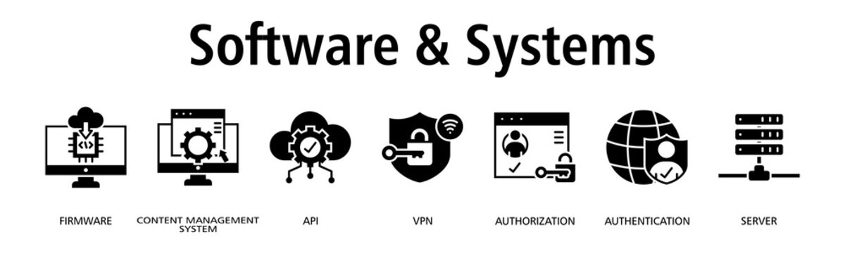 Software & Systems banner web icon vector illustration concept with icon of firmware, content management system, api, vpn, authorization, authentication, server
