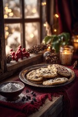 Naklejka premium Vintage Holiday Cookies with Velvet Runner and Candles