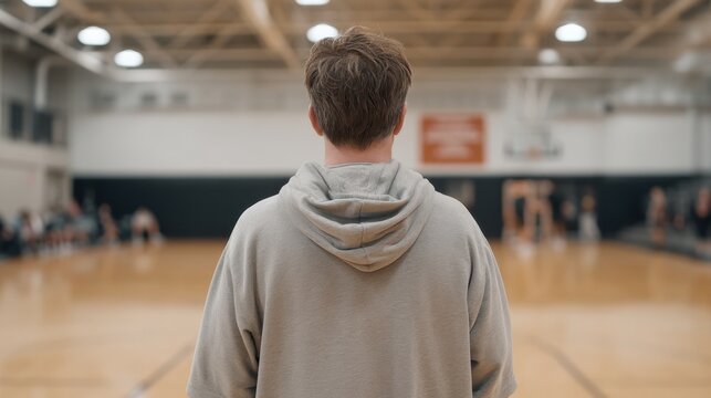Young Male Athlete Watching Basketball Game in Gymnasium, Focused on Sport Activity, Engaged Audience, Sports Enthusiasm, Indoor Environment, Motivation - Powered by Adobe