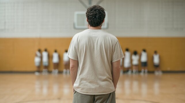 Coach Observing Youth Basketball Players in Gym Setting with Focus on Training and Team Building Activities