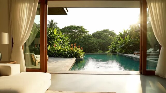 Modern Open Living Room Overlooking Pool - A modern open plan living room seamlessly transitions into a lush outdoor setting with a swimming pool.