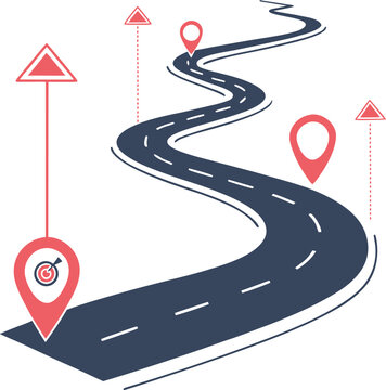 Winding road vector illustration with multiple map pointers and dotted lines marking the journey, timeline, strategy, or roadmap from a starting target goal to a destination.
