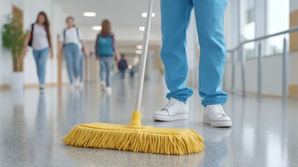 Cleaning professional using mop in hospital hallway to maintain hygiene, while people walk by wearing casual clothing and backpacks
