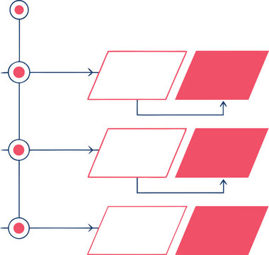 Vertical flowchart or infographic vector with three parallel process lines leading to parallelogram shapes and feedback loops, representing a three-step workflow, comparison, or business process.