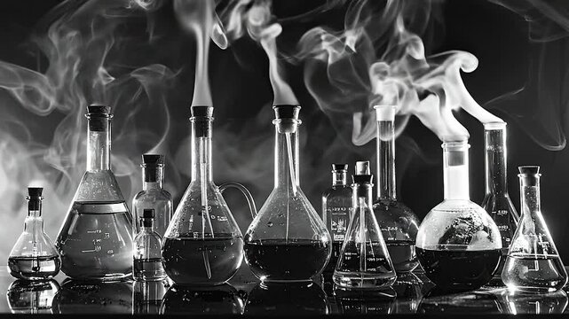 Scientific glassware with liquids and corks emits white smoke, reflecting on a dark surface, monochrome