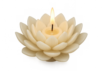 Lotus flower candle burning, symbolizing meditation, spirituality, zen, relaxation, wisdom, and peace on transparent background