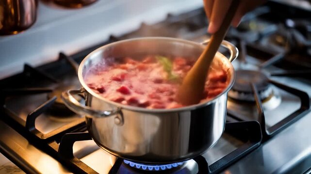 Cooking Fresh Fruit Compote In A Silver Pot On A Gas Stove in A Kitchen Setting