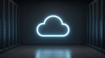 Futuristic Neon Cloud Icon in Dark Server Room, Representing Digital Storage and Data Management Concept with Servers and High-Tech Atmosphere