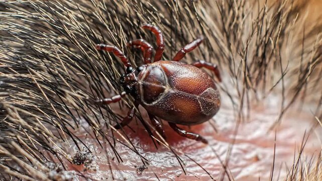 Tick Parasite on Animal Fur - Macro shot of a parasitic tick traversing through the fur of an animal. The video reveals the microscopic movement and potential health risks associated with tick-borne