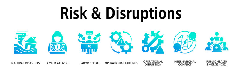 Obraz premium Risk & Disruptions banner web icon vector illustration concept with icon of natural disasters, cyber attack, labor strike, operational failures, operational disruption 