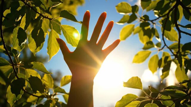 Reaching for Sunlight Through Leaves - A person's hand extends upward towards bright sunlight, filtering through vibrant green tree leaves and a clear blue sky.
