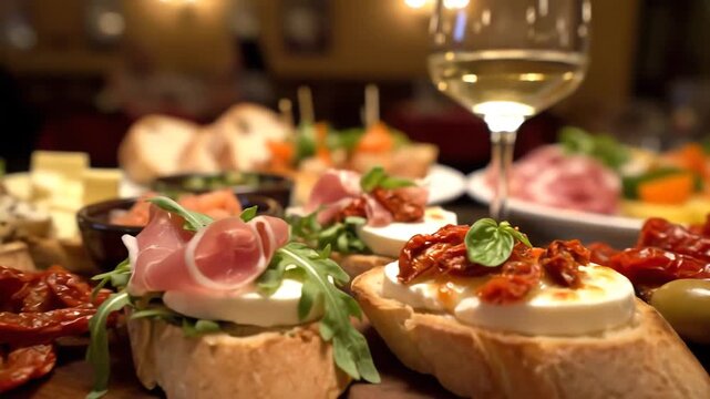 Delicious Italian Appetizers and Wine Spread.