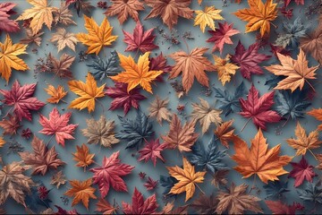 Flat lay of vibrant fall leaves in warm tones, featuring maple and oak leaves arranged on a soft neutral background. Minimalist seasonal wallpaper with elegant autumn composition and natural texture