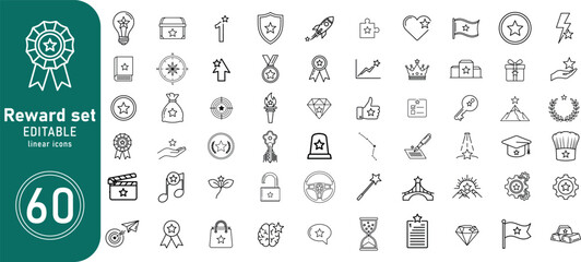Collection of sixty diverse and intricate reward icons and symbols in a clean silhouette style for recognition and achievement