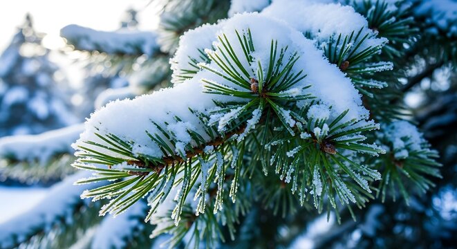 Close up of a snow covered pine tree branch in winter sunlight