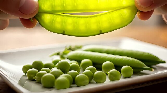Hands opening a fresh pea pod revealing green peas on a plate