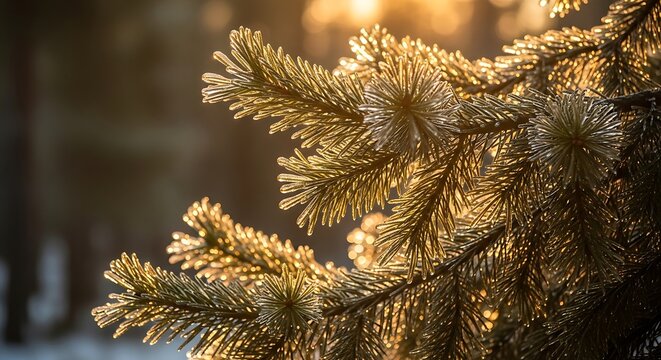 Golden sunlight illuminates pine needles in a winter forest - Powered by Adobe