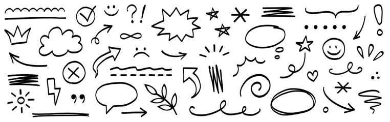 Hand line marker sketch icon set. Hand drawn marker brush stroke underline, asterisks, highlight frame elements. Doodle sketch drawn style arrow, smile, heart and star shapes. Vector illustration