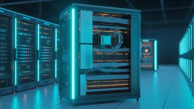 Data Center Server Rack Illuminated By Teal Lights With Metallic Components And Servers Array Background