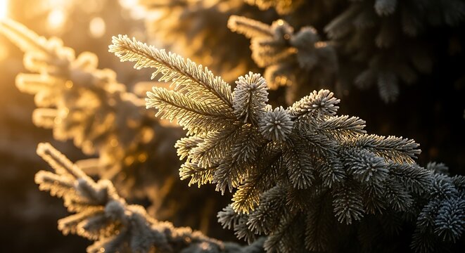 Frosty evergreen branches illuminated by golden sunrise light - Powered by Adobe