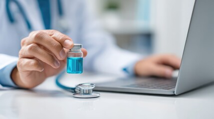 Fototapeta premium Medical professional holding a blue liquid vial, with a laptop and stethoscope on a desk, symbolizing research or treatment.