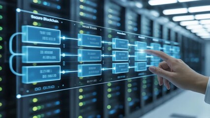 Data Center Server Room with Glowing Digital Interface and Hand Interacting High Tech Network System - Powered by Adobe