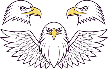 Fototapeta premium Bald Eagle Design Set in Outlines. American Eagle Outline Illustration. Majestic Bald Eagle Artwork Set. Eagle Head and Wing Illustration Collection. Patriotic Bald Eagle Design Pack. Wild Eagle Bird