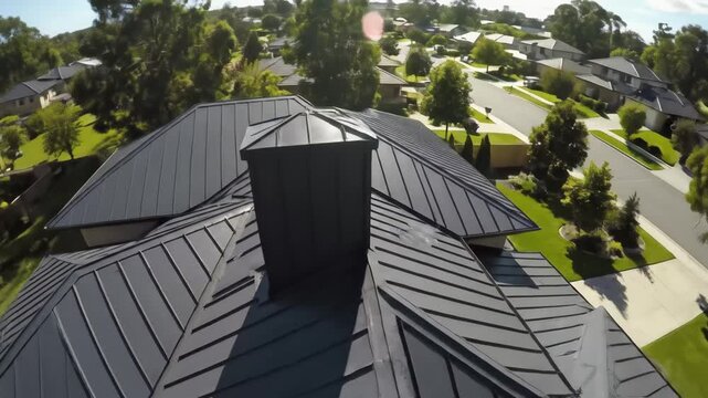 Sheet Metal Residential Roofing Detail - A high-angle shot showcasing a sheet metal residential roof with its chimney, displaying the architectural details and lines of the roofing system.