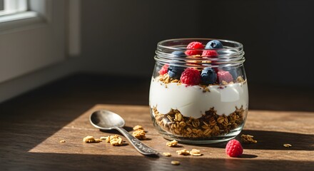 Healthy breakfast parfait with granola yogurt and fresh berries natural light