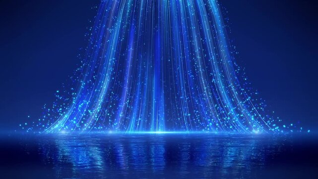 Blue particle light awards stage background, particle light rising high-tech data transmission, abstract motion ripple point defocused light and shadow. Line digital transmission particle light.