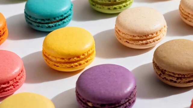 Assortment Of Colorful Macaron Cookies Arranged In Rows On A White Studio Background With Soft Shadows