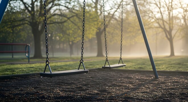 Empty swingset in a park at sunrise with trees and fog