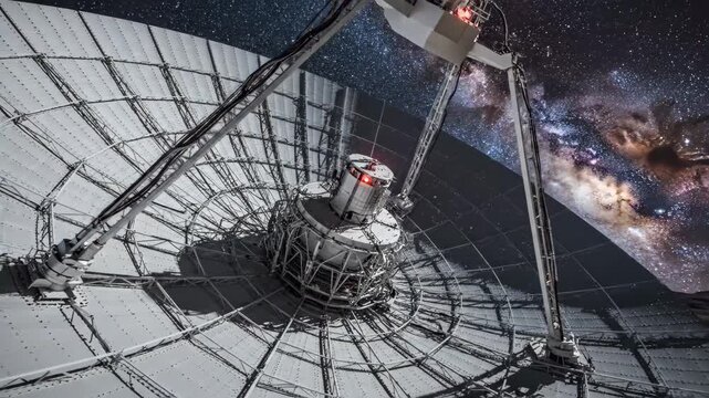 Satellite Dish Exploring Universe - A large satellite dish is pointed towards the night sky, ready to receive data from space.