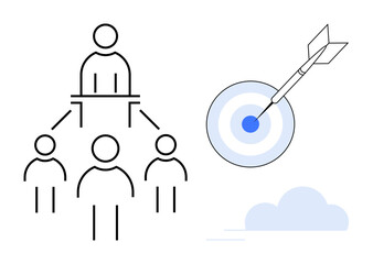 Abstract leader at podium with connected team hierarchy beside dart hitting target. Ideal for leadership, teamwork, planning, decision-making, goal setting, strategy, success. Simple flat metaphor