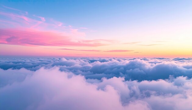 Aerial View Of Clouds At Sunrise With Pink And Blue Sky And Golden Horizon Bathed In Soft Morning Light - Powered by Adobe