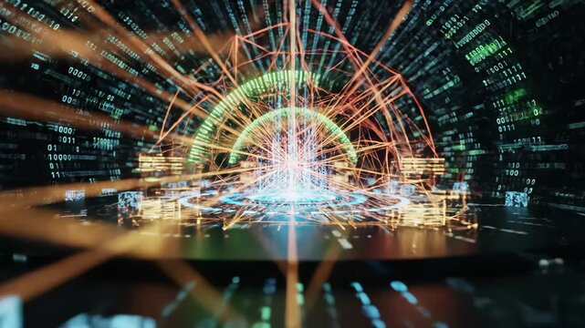 Security Scan Digital Endpoint - Abstract video shows an API endpoint undergoing a security scan, indicated by the digital beams and binary code background.