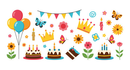 Colorful birthday celebration elements including cakes balloons crowns and flowers.
