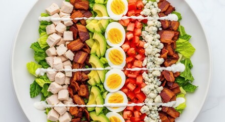 Overhead top-down view of a classic Cobb salad with chicken, bacon, avocado, egg, and blue cheese in a white bowl, isolated on white.