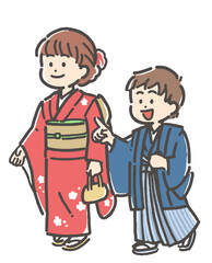 紋付袴と振袖の着物を着た、晴れ着の男の子と女の子